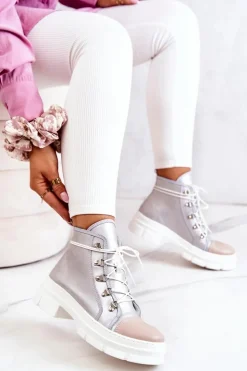 Boto Botki Wiosenne|Damskie Trapery*Botki Trapery Skórzane Srebrne Letty