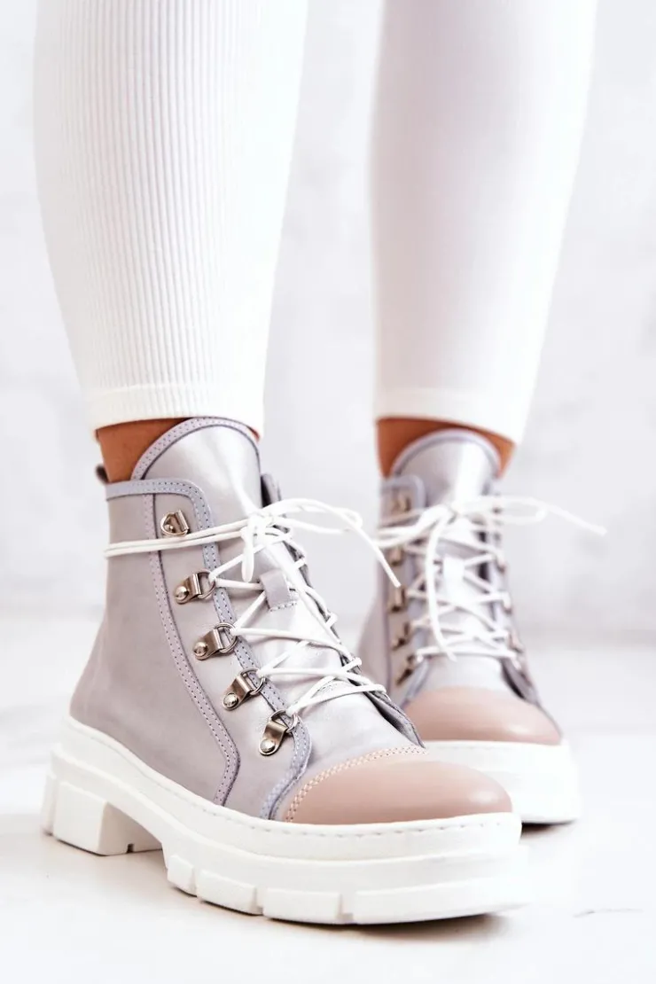 Boto Botki Wiosenne|Damskie Trapery*Botki Trapery Skórzane Srebrne Letty