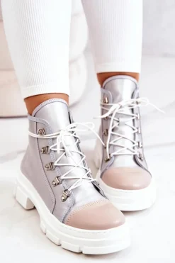 Boto Botki Wiosenne|Damskie Trapery*Botki Trapery Skórzane Srebrne Letty