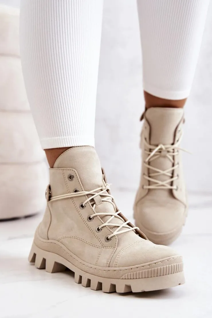 Boto Botki Trapery Wiązane Beżowe Marsha