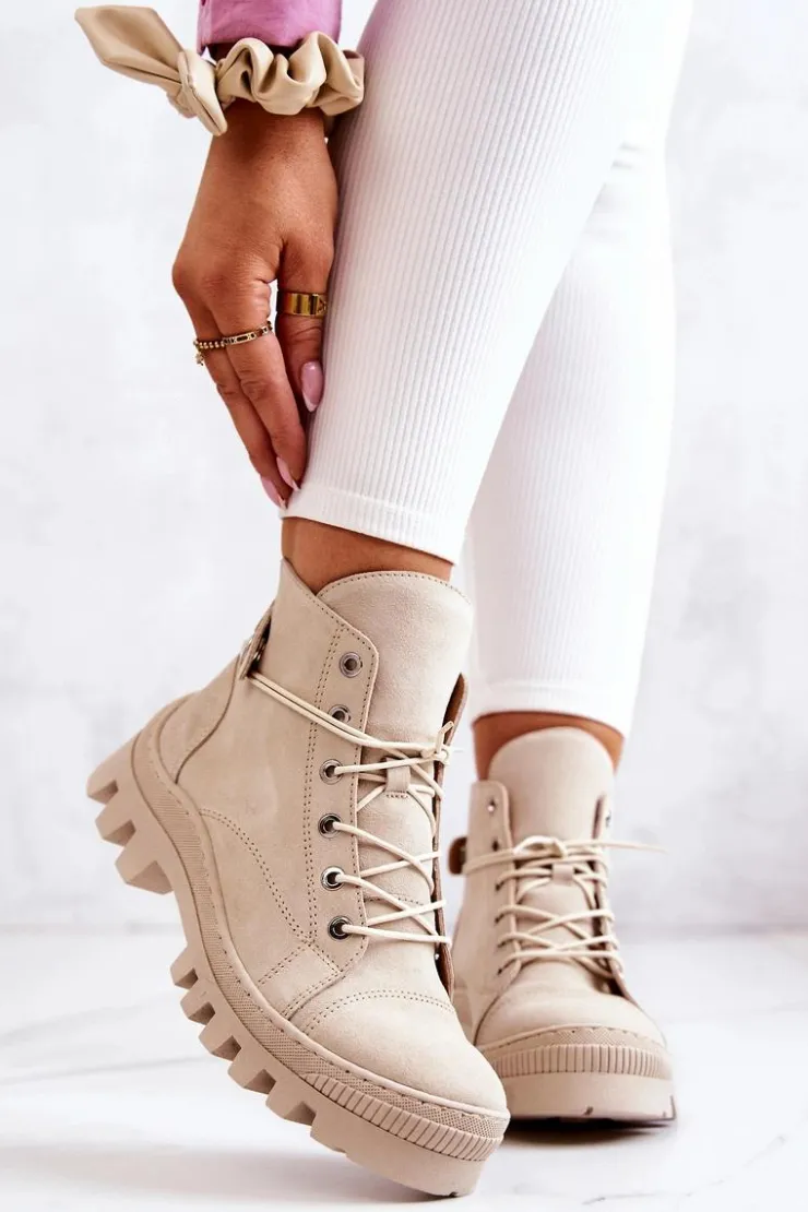 Boto Botki Trapery Wiązane Beżowe Marsha