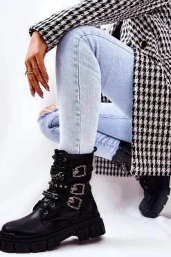 Boto Botki Sznurowane|Czarne Botki*Botki Wiązane Łańcuch Sprzączka Czarne Reiloy