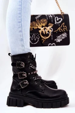 Boto Botki Sznurowane|Czarne Botki*Botki Wiązane Łańcuch Sprzączka Czarne Reiloy