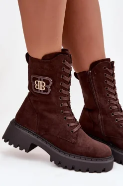Boto Botki Sznurowane|Brązowe I Beżowe Botki*Botki Wokrery Damskie Z Ozdobnym Elementem Ocieplane Czekoladowe Kalindra