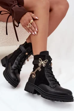 Damskie Boto Botki Workery Damskie Ocieplane Ze Złotym Łańcuchem I Zawieszkami Czarne Ravine