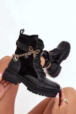 Damskie Boto Botki Workery Damskie Ocieplane Ze Złotym Łańcuchem I Zawieszkami Czarne Ravine