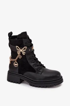 Damskie Boto Botki Workery Damskie Ocieplane Ze Złotym Łańcuchem I Zawieszkami Czarne Ravine