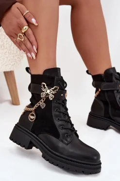 Damskie Boto Botki Workery Damskie Ocieplane Ze Złotym Łańcuchem I Zawieszkami Czarne Ravine