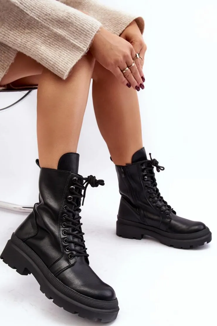 Damskie Boto Botki Workery Damskie Ekoskóra Czarne Irande