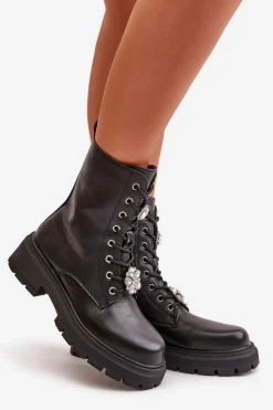 Hot Boto Botki Workery Damskie Eko Skórzane Z Przypinkami Czarne Kristines