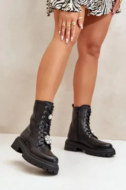 Hot Boto Botki Workery Damskie Eko Skórzane Z Przypinkami Czarne Kristines