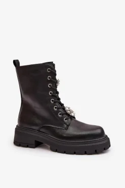 Hot Boto Botki Workery Damskie Eko Skórzane Z Przypinkami Czarne Kristines