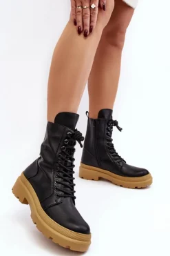 Damskie Boto Botki Workery Damskie Ekoskóra Czarne Irande - Jasna Podeszwa