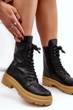 Damskie Boto Botki Workery Damskie Ekoskóra Czarne Irande - Jasna Podeszwa