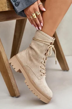 Boto Botki Sznurowane|Botki Płaskie*Botki Workery Damskie Na Zamek Z Eko Zamszu Beżowe Savalann