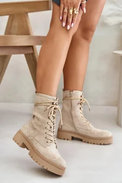 Boto Botki Sznurowane|Botki Płaskie*Botki Workery Damskie Na Zamek Z Eko Zamszu Beżowe Savalann