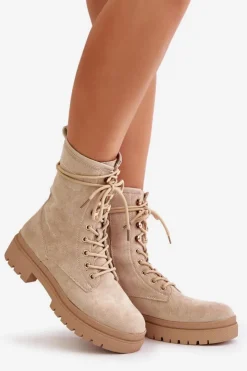Boto Botki Sznurowane|Botki Płaskie*Botki Workery Damskie Na Zamek Z Eko Zamszu Beżowe Savalann