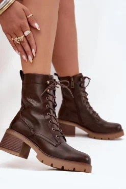 Damskie Buty damskie Vinceza Botki Workery Damskie Na Klocku Ocieplane Vinceza 89136 Brązowe