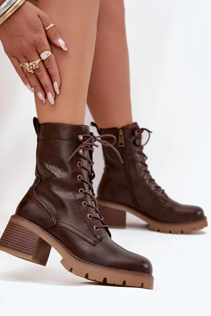 Damskie Buty damskie Vinceza Botki Workery Damskie Na Klocku Ocieplane Vinceza 89136 Brązowe