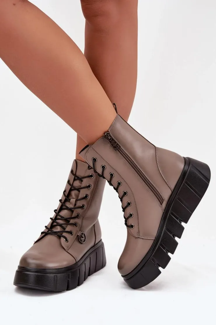 Damskie Buty damskie Vinceza Botki Workery Damskie Na Platformie Ocieplane Vinceza 58588 Ciemnobeżowe