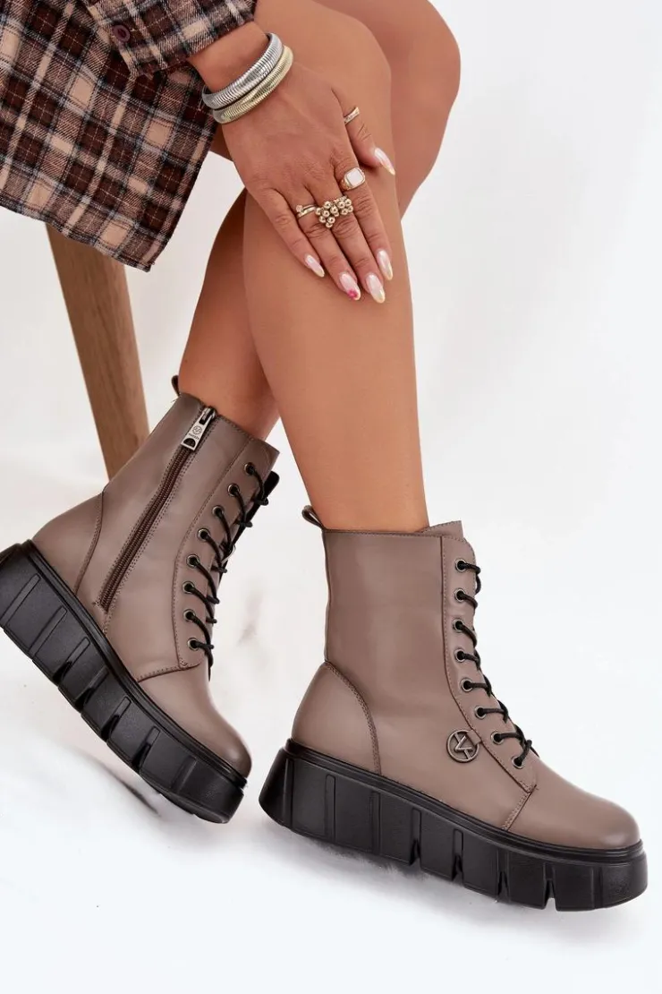 Damskie Buty damskie Vinceza Botki Workery Damskie Na Platformie Ocieplane Vinceza 58588 Ciemnobeżowe