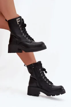 Boto Botki Ocieplane|Botki Sznurowane*Botki Workery Damskie Na Klocku Ocieplane Z Literą F Czarne Lurina