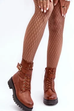 Sale Boto Botki Workery Damskie Na Suwak Z Ozdobą Brązowe Ciossava