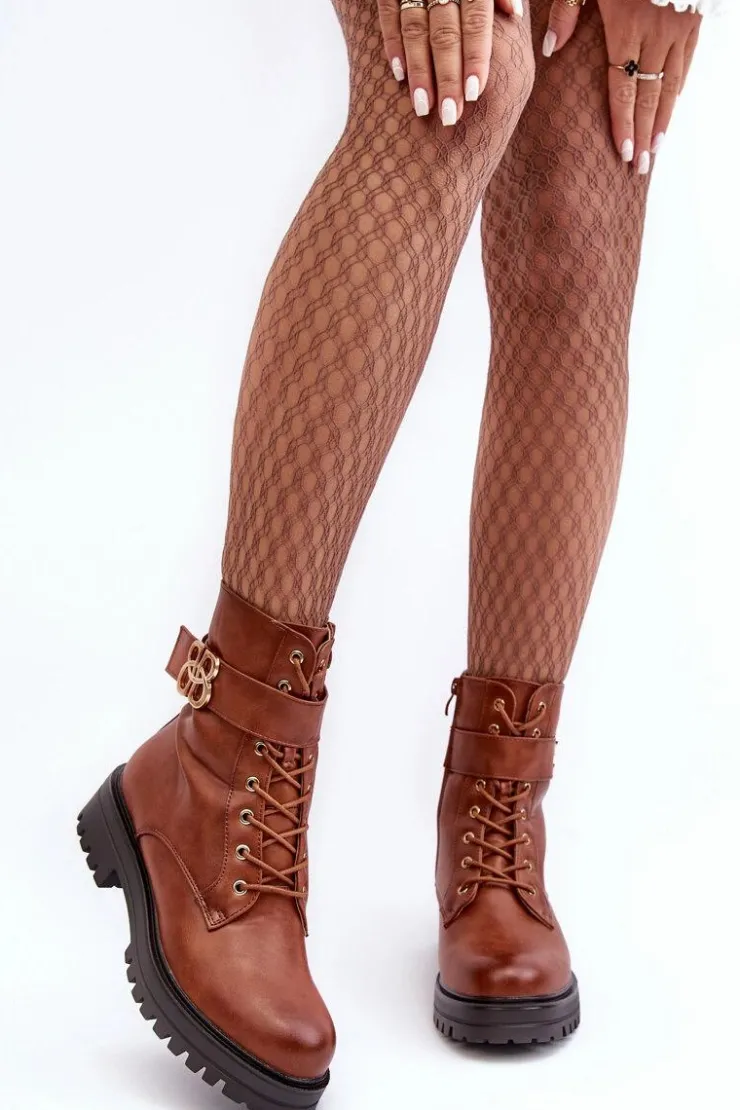 Sale Boto Botki Workery Damskie Na Suwak Z Ozdobą Brązowe Ciossava