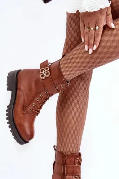 Sale Boto Botki Workery Damskie Na Suwak Z Ozdobą Brązowe Ciossava