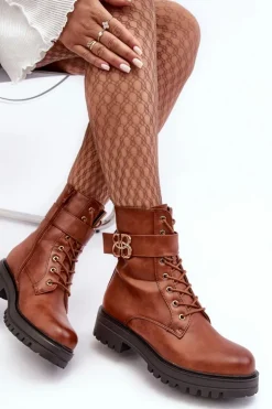 Sale Boto Botki Workery Damskie Na Suwak Z Ozdobą Brązowe Ciossava