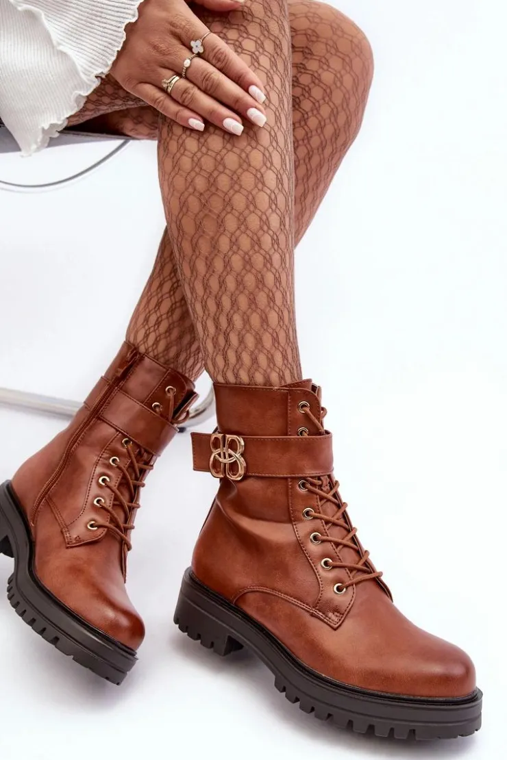 Sale Boto Botki Workery Damskie Na Suwak Z Ozdobą Brązowe Ciossava