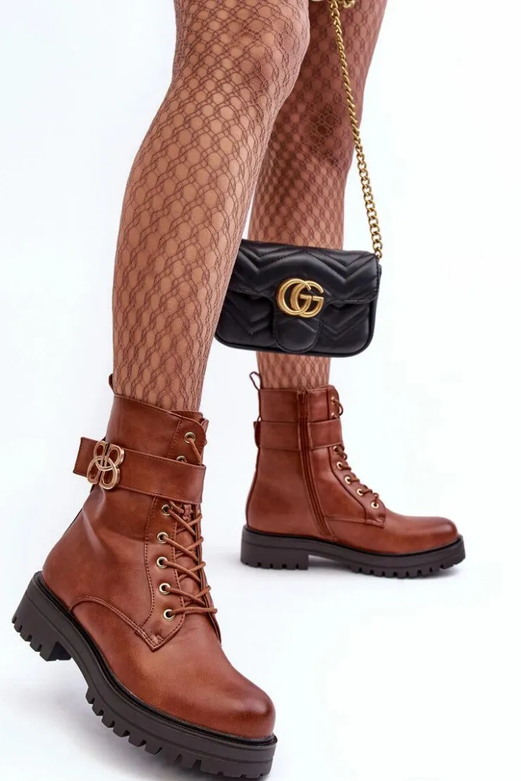 Sale Boto Botki Workery Damskie Na Suwak Z Ozdobą Brązowe Ciossava