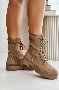 Boto Botki Sznurowane|Botki Płaskie*Botki Workery Damskie Na Zamek Z Eko Zamszu Ciemnobeżowe Savalann
