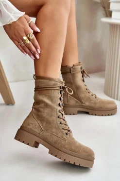Boto Botki Sznurowane|Botki Płaskie*Botki Workery Damskie Na Zamek Z Eko Zamszu Ciemnobeżowe Savalann
