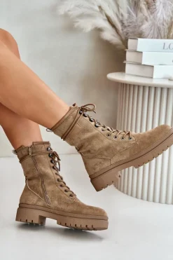 Boto Botki Sznurowane|Botki Płaskie*Botki Workery Damskie Na Zamek Z Eko Zamszu Ciemnobeżowe Savalann