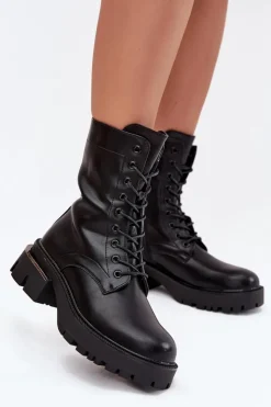 Boto Botki Sznurowane|Botki Płaskie*Botki Workery Damskie Na Klocku Czarne Alviora