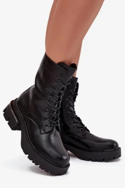 Boto Botki Sznurowane|Botki Płaskie*Botki Workery Damskie Na Klocku Czarne Alviora