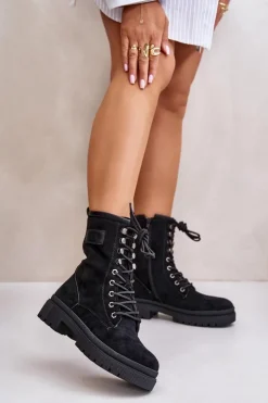 Damskie Boto Botki Workery Damskie Na Zamek Z Eko Zamszu Czarne Savalann