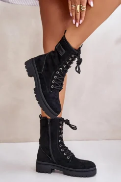 Damskie Boto Botki Workery Damskie Na Zamek Z Eko Zamszu Czarne Savalann