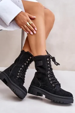 Damskie Boto Botki Workery Damskie Na Zamek Z Eko Zamszu Czarne Savalann