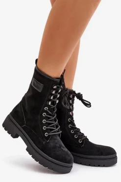 Damskie Boto Botki Workery Damskie Na Zamek Z Eko Zamszu Czarne Savalann