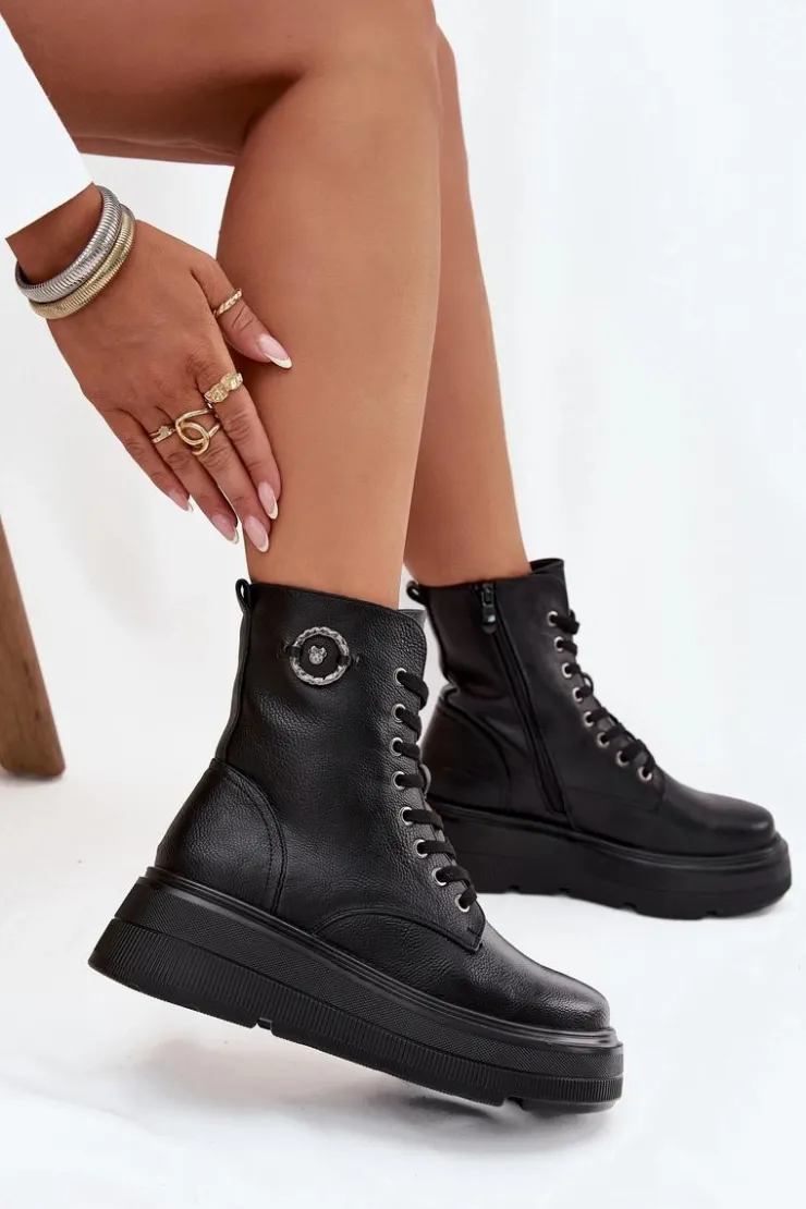 Damskie Buty damskie Vinceza Botki Workery Damskie Ocieplane Na Platformie Z Ozdobnym Detalem Vinceza 16513 Czarne