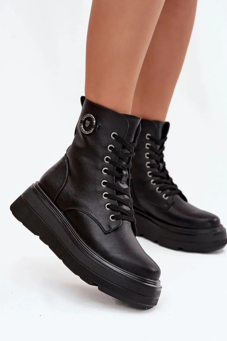 Damskie Buty damskie Vinceza Botki Workery Damskie Ocieplane Na Platformie Z Ozdobnym Detalem Vinceza 16513 Czarne