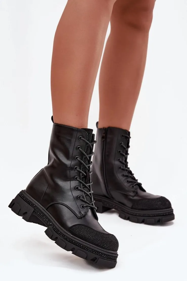 Damskie buty S.Barski Botki Ocieplane|Botki Skórzane*Botki Workery Damskie Ocieplane Ze Zdobieniem S.Barski HY42-982 Czarne