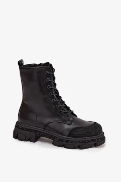 Damskie buty S.Barski Botki Ocieplane|Botki Skórzane*Botki Workery Damskie Ocieplane Ze Zdobieniem S.Barski HY42-982 Czarne