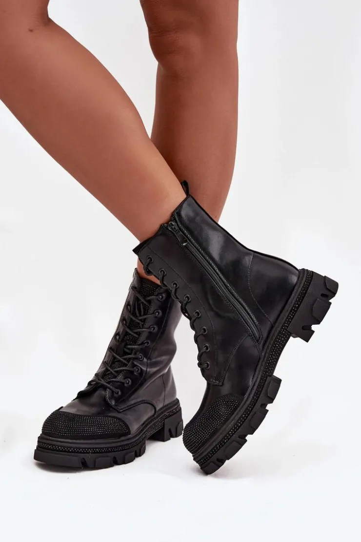 Damskie buty S.Barski Botki Ocieplane|Botki Skórzane*Botki Workery Damskie Ocieplane Ze Zdobieniem S.Barski HY42-982 Czarne