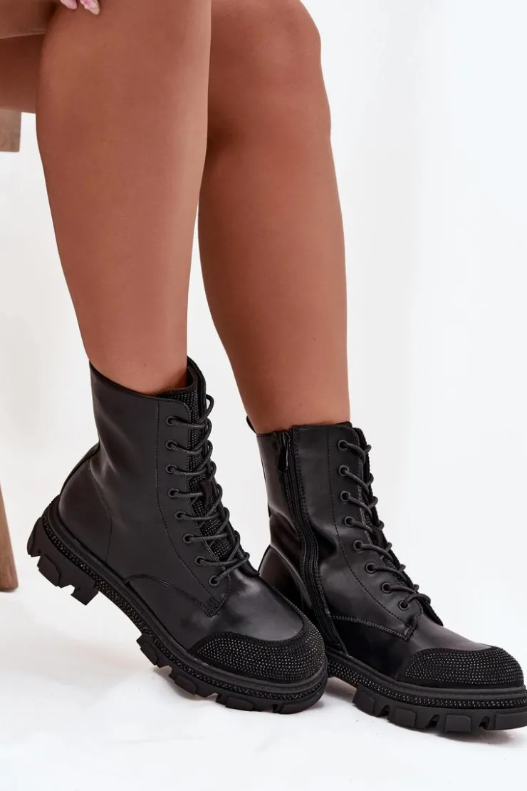 Damskie buty S.Barski Botki Ocieplane|Botki Skórzane*Botki Workery Damskie Ocieplane Ze Zdobieniem S.Barski HY42-982 Czarne