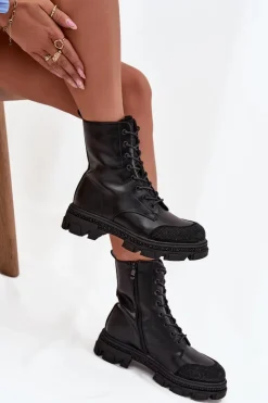 Damskie buty S.Barski Botki Ocieplane|Botki Skórzane*Botki Workery Damskie Ocieplane Ze Zdobieniem S.Barski HY42-982 Czarne