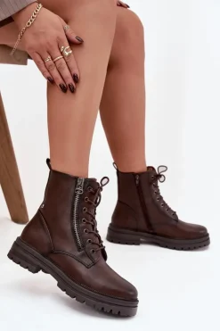 Damskie Boto Botki Workery Damskie Ocieplane Czekoladowe Ivonelle