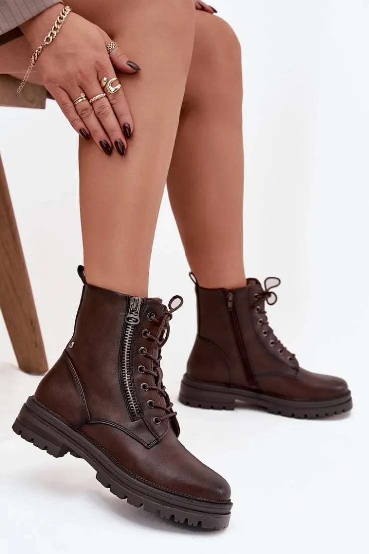 Damskie Boto Botki Workery Damskie Ocieplane Czekoladowe Ivonelle